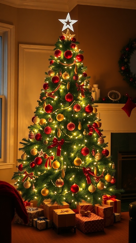 First Christmas Tree Decorations for Year One A decorated Christmas tree with lights and ornaments in a cozy living room.